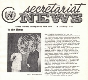 Secretariat News coverage of Secretary-General de Cuellar with Sri Chinmoy at UN feb 16 1983 issue