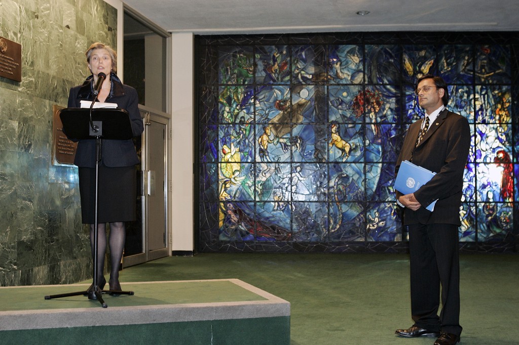 UN Photo/Mark Garten : Bella Meyer (at podium), the granddaughter of Marc Chagall, speaks at a ceremony to dedicate the completed restoration project of the Peace Window by Marc Chagall, which was installed at the United Nations in honour of Dag Hammarskjöld in 1964. On the right is Shashi Tharoor, Under-Secretary-General for Communications and Public Information. The ceremony was part of the events held today to mark the 60th anniversary of the United Nations. 24 October 2005 United Nations, New York Photo # 100046 